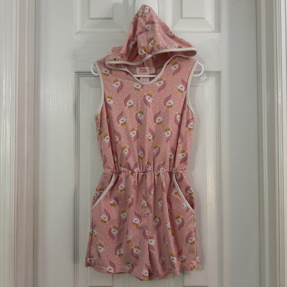 Love Maddie Baby Girl Pink Unicorn Print Romper with Hood and Pockets